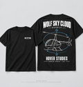 Design concept: Wolf Sky Cloud Supply Hover Studies tee, front and back. Not a manufactured product photograph.